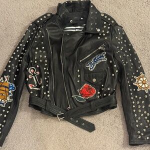 Zara Black and Red Leather Jacket with Studded Details